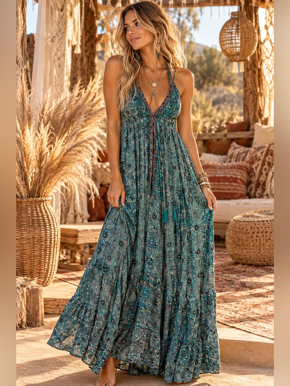 Karma Highway NWT Bohemian Teal Floral Halter Maxi Dress size OS
